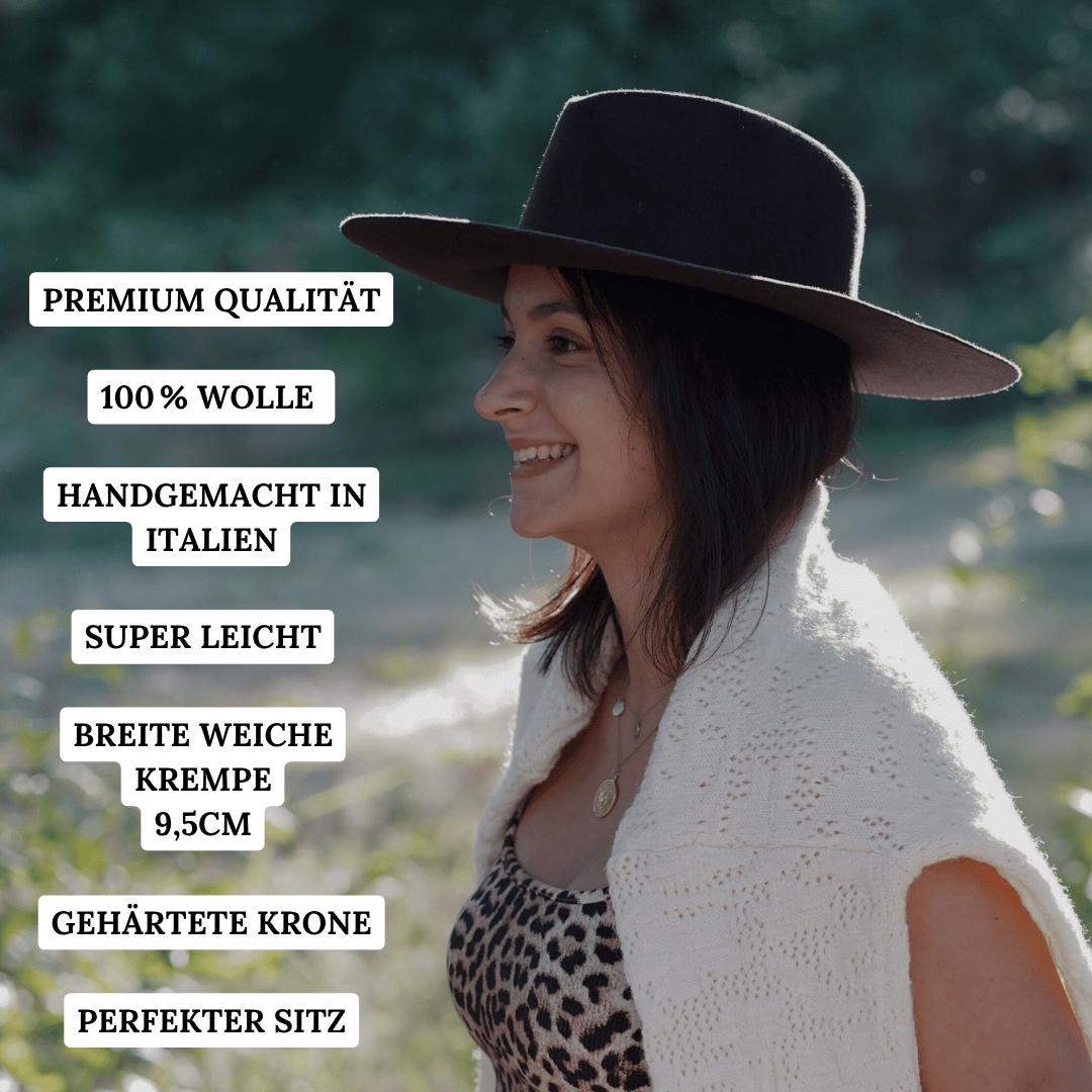 Aldama - Brauner Fedora Hut für Frauen mit breiter & flacher Krempe aus der Pure Collection _ Damenhut - 100% Wolle & Handarbeit aus Italien - Nimanita Hats & Accessoires - Hats for strong Women