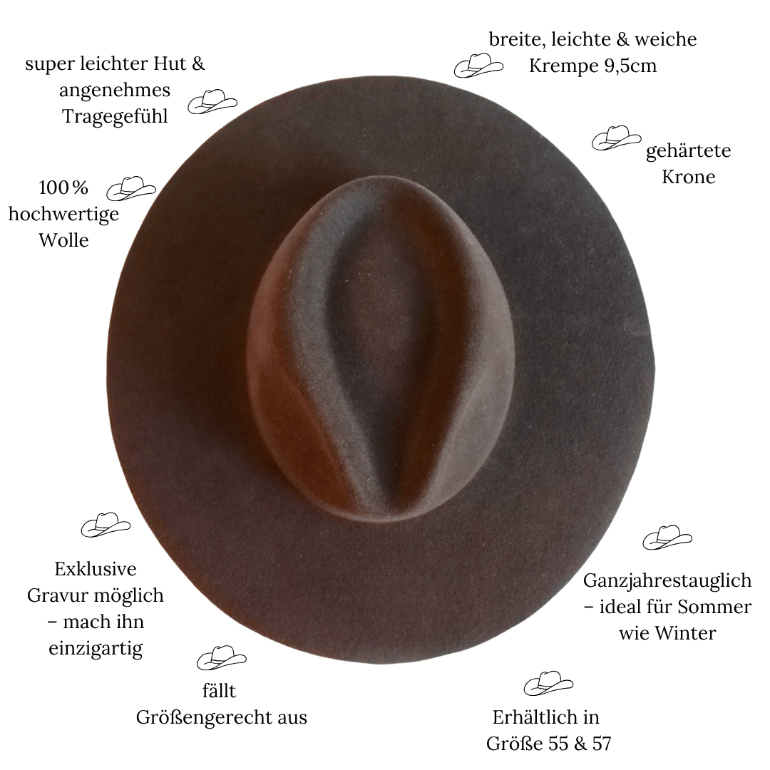 Aldama - Brauner Fedora Hut für Frauen mit breiter & flacher Krempe aus der Pure Collection _ Damenhut - 100% Wolle & Handarbeit aus Italien - Nimanita Hats & Accessoires - Hats for strong Women