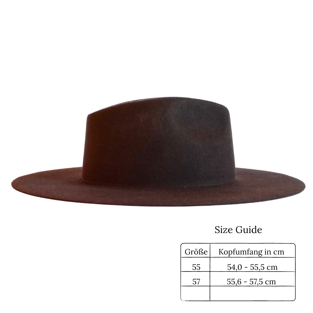 Aldama - Brauner Fedora Hut für Frauen mit breiter & flacher Krempe aus der Pure Collection _ Damenhut - 100% Wolle & Handarbeit aus Italien - Nimanita Hats & Accessoires - Hats for strong Women