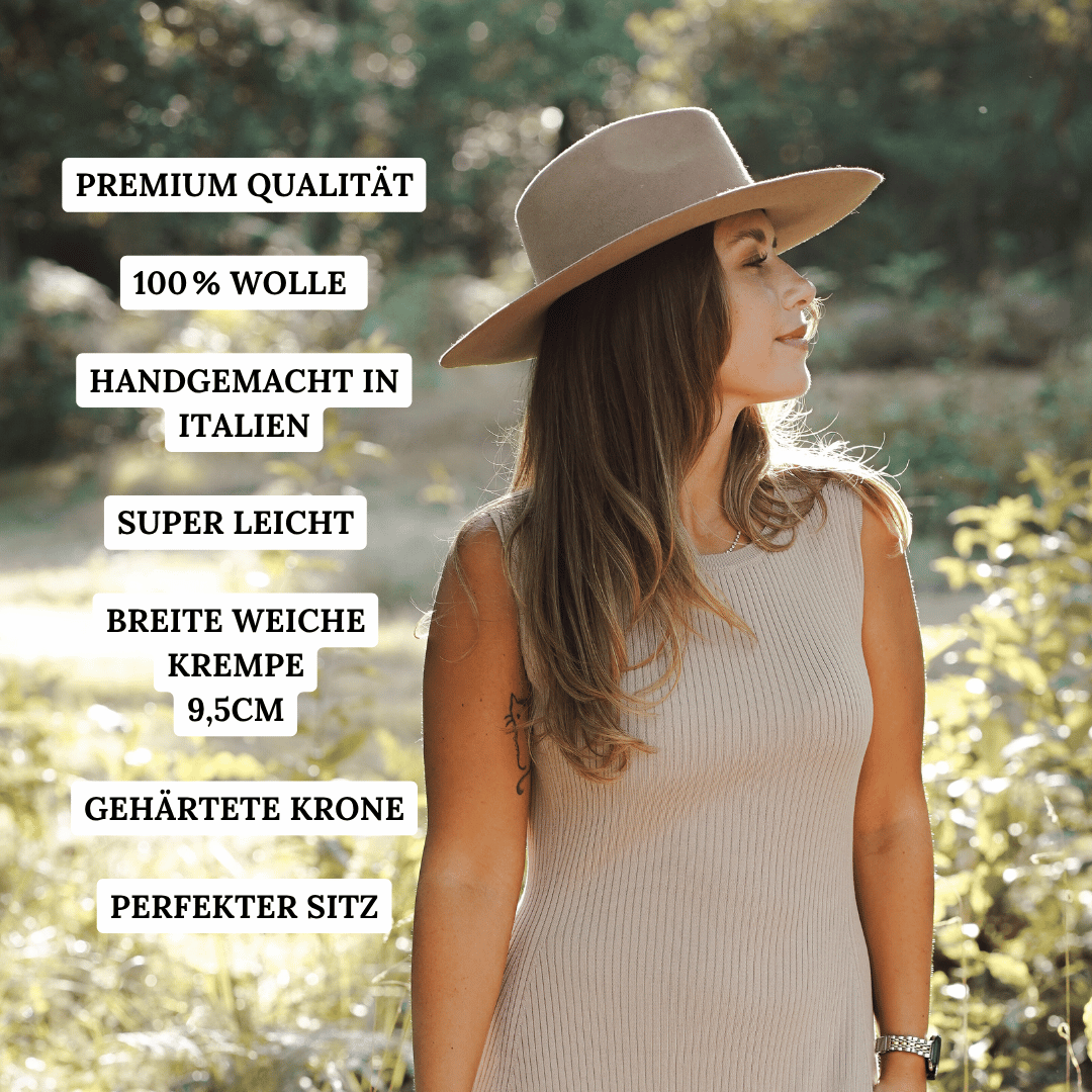 Baja - Beiger Fedora Hut für Frauen mit breiter und steifer Krempe - klassischer Fedora Damenhut aus 100% Wolle - Pure Collection - moderner Fedora Hut für Frauen - Nimanita Hats & Accessoires - Hüte für Frauen - handgefertigt in Italien - Winter Damenhut - Sommer Damenhut