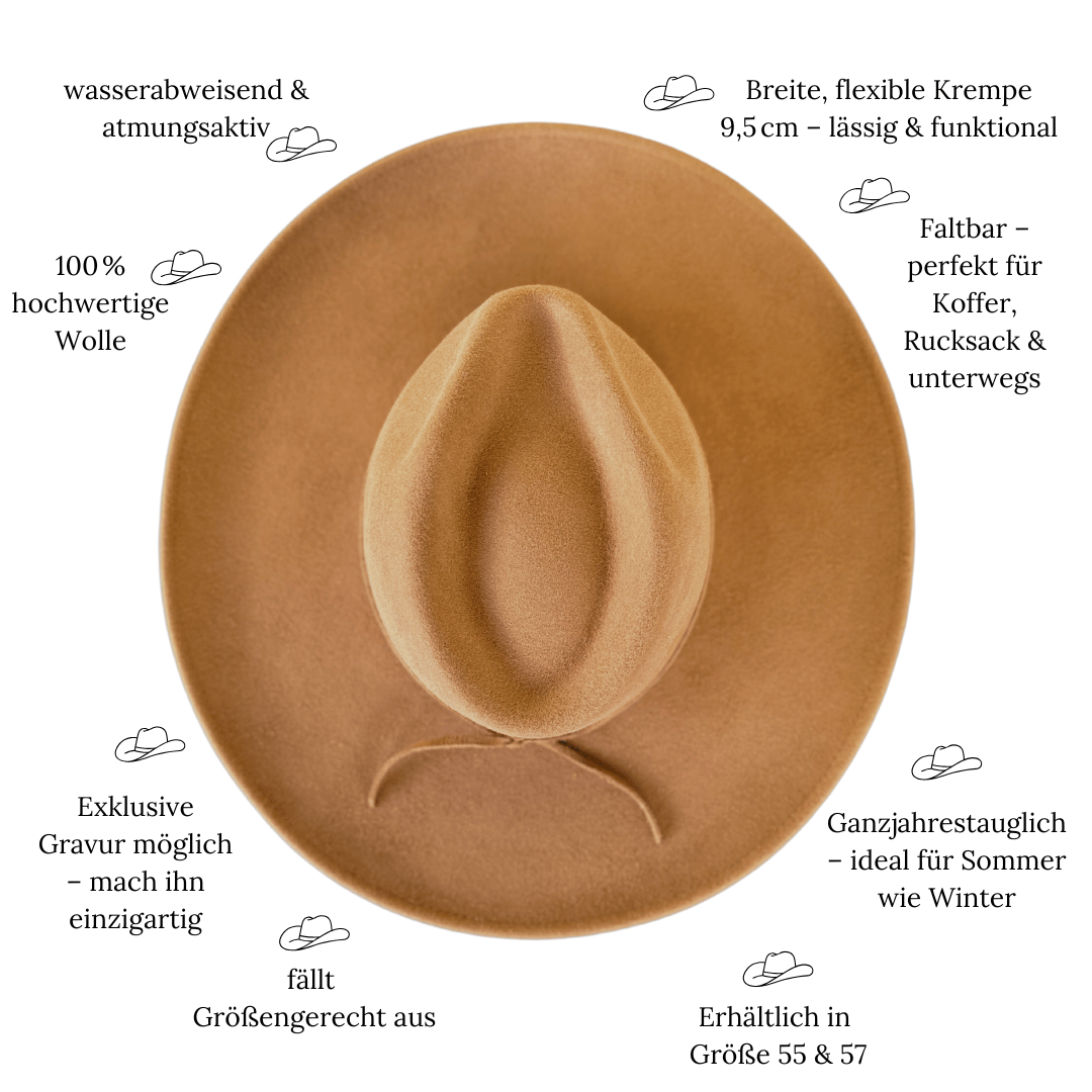 Camel Farbender Fedora Hut mit Leder Hutband für Frauen - Model Campeche No.02 | brauner Fedora Damenhut aus Wolle | Nimanita Hats & Accessoires - Hüte für Frauen