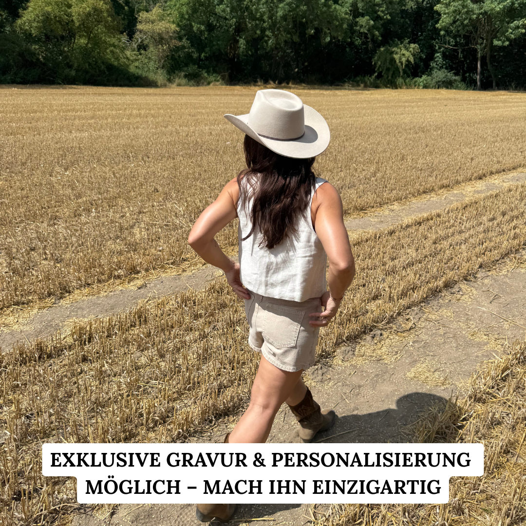 Coahulia - Western Hut für Frauen mit Fedora Krone aus 100% premium Wollfilz - Farbe creme - Sommerhut, Winterhut, Westernstil - gehärtete nach obergebogene breite Krempe - Countrystil, Westernstyle für Frauen - handgefertigt in Portugal.