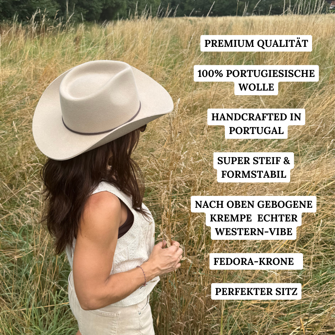 Coahulia - Western Hut für Frauen mit Fedora Krone aus 100% premium Wollfilz - Farbe creme - Sommerhut, Winterhut, Westernstil - gehärtete nach obergebogene breite Krempe - Countrystil, Westernstyle für Frauen - handgefertigt in Portugal.