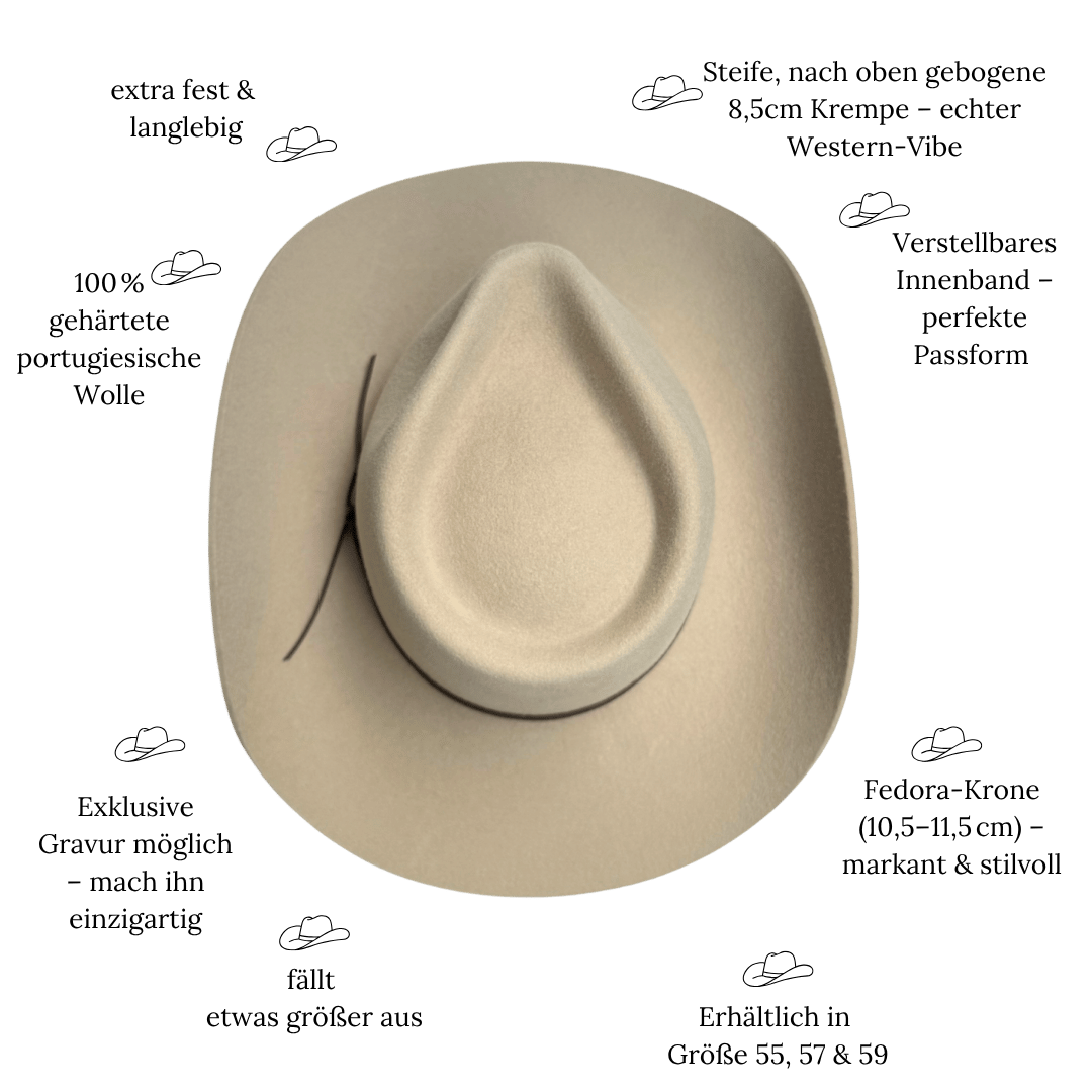 Coahulia - Western Hut für Frauen mit Fedora Krone aus 100% premium Wollfilz - Farbe creme - Sommerhut, Winterhut, Westernstil - gehärtete nach obergebogene breite Krempe - Countrystil, Westernstyle für Frauen - handgefertigt in Portugal.
