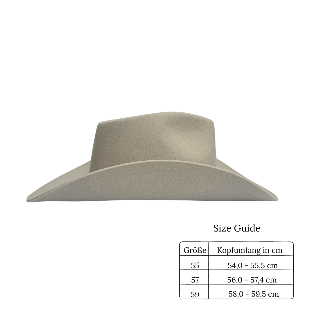 Coahulia - Western Hut für Frauen mit Fedora Krone aus 100% premium Wollfilz - Farbe creme - Sommerhut, Winterhut, Westernstil - gehärtete nach obergebogene breite Krempe - Countrystil, Westernstyle für Frauen - handgefertigt in Portugal. inkl. Größentabelle