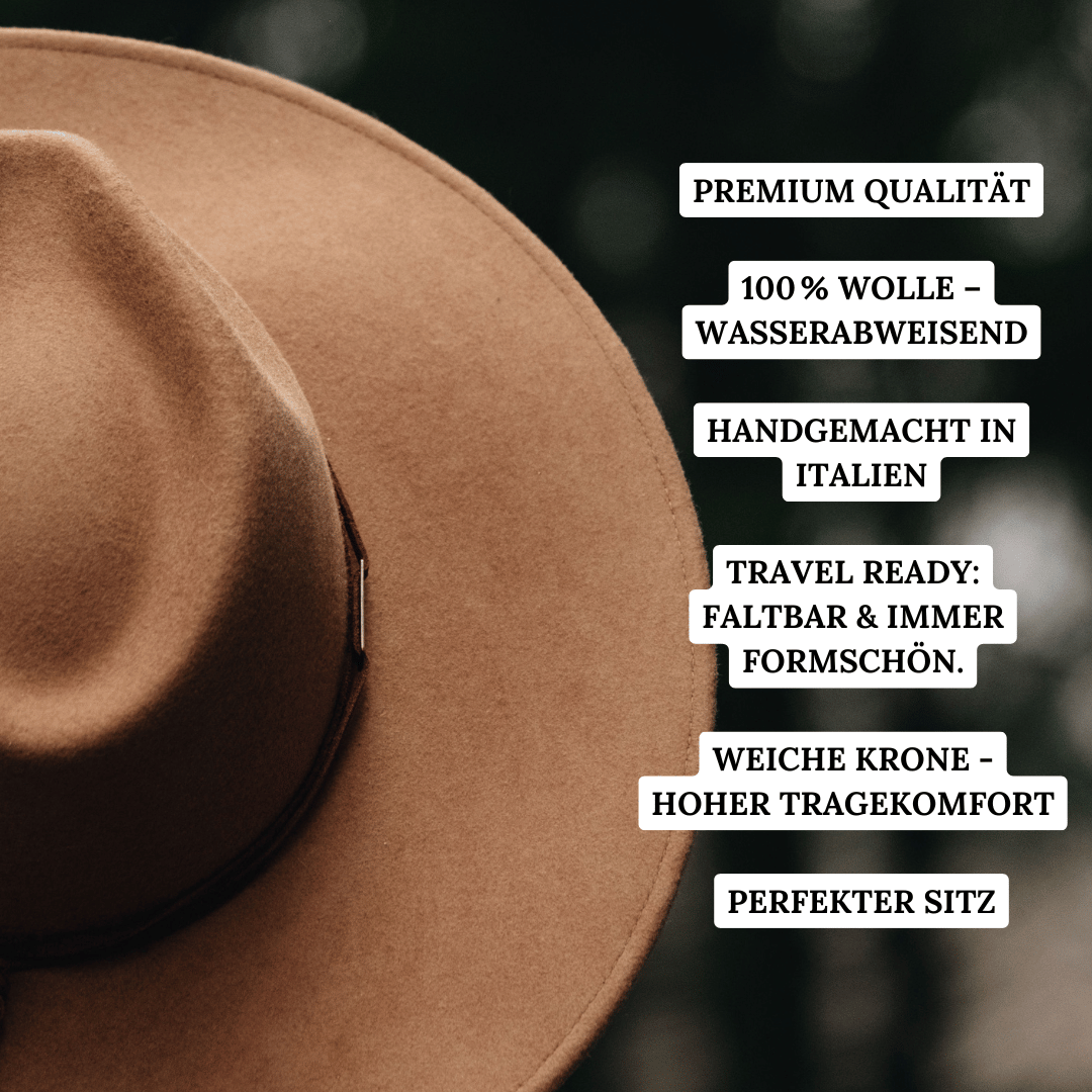 Camel Farbender Fedora Hut mit Leder Hutband für Frauen - Model Campeche No.02 | brauner Fedora Damenhut aus Wolle | Nimanita Hats & Accessoires - Hüte für Frauen