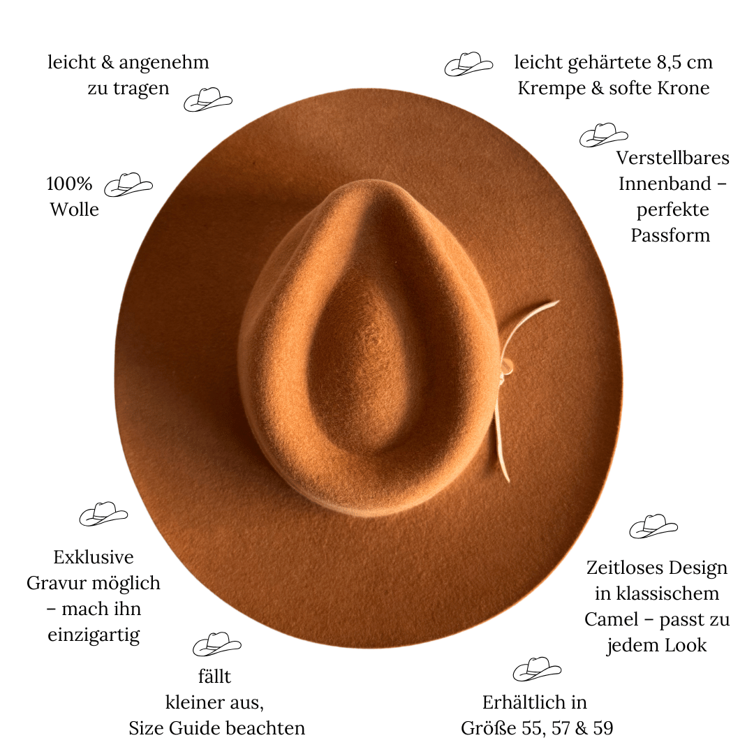 Guerrero - camelfarbener Fedora Hut für Frauen aus 100% Wollfilz - Nimanita Hats & Accessoires - Hüte für Frauen