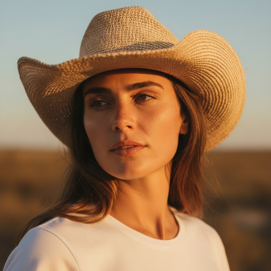 Close-up einer Frau mit handgehäkeltem Panama Hut Loreto aus Toquilla-Stroh in Naturfarbe