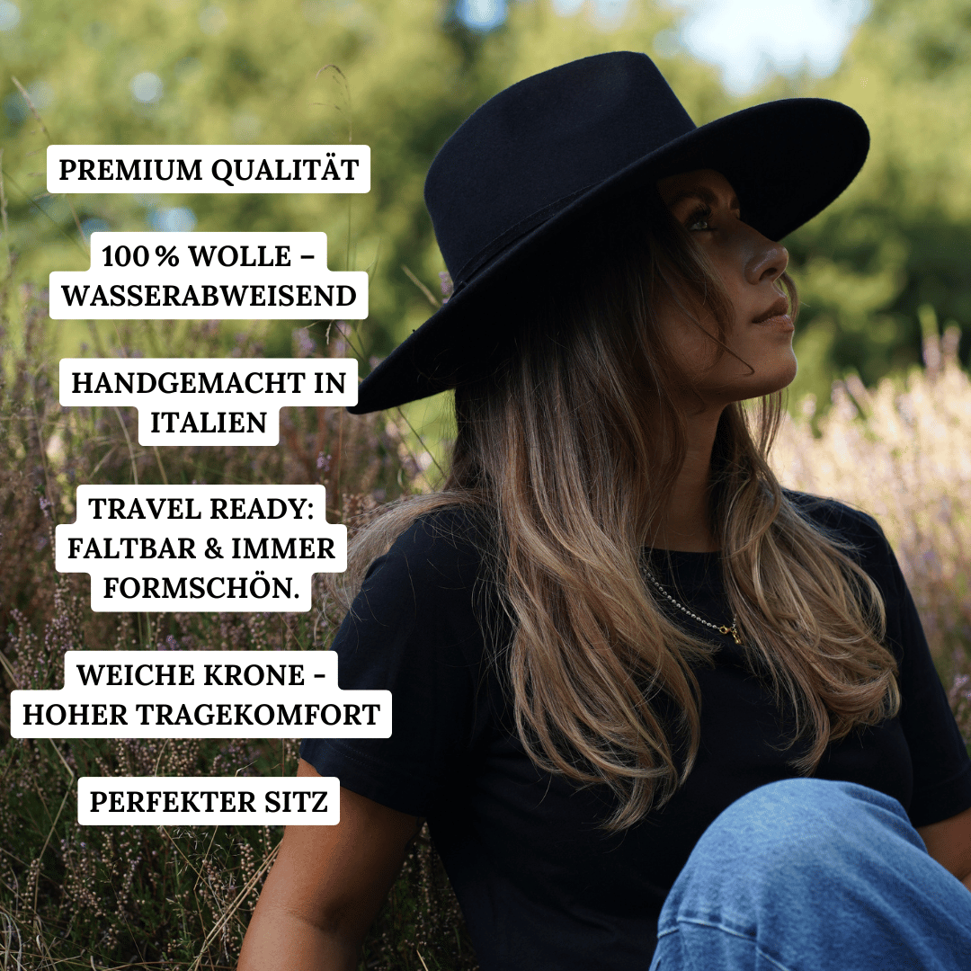 Morelia No.02 - schwarzer Fedora Hut für Frauen - Travel Collection - faltbar & wasserabweisend - Wollfilz - Nimanita Hats & Accessoieres - Hüte für Frauen