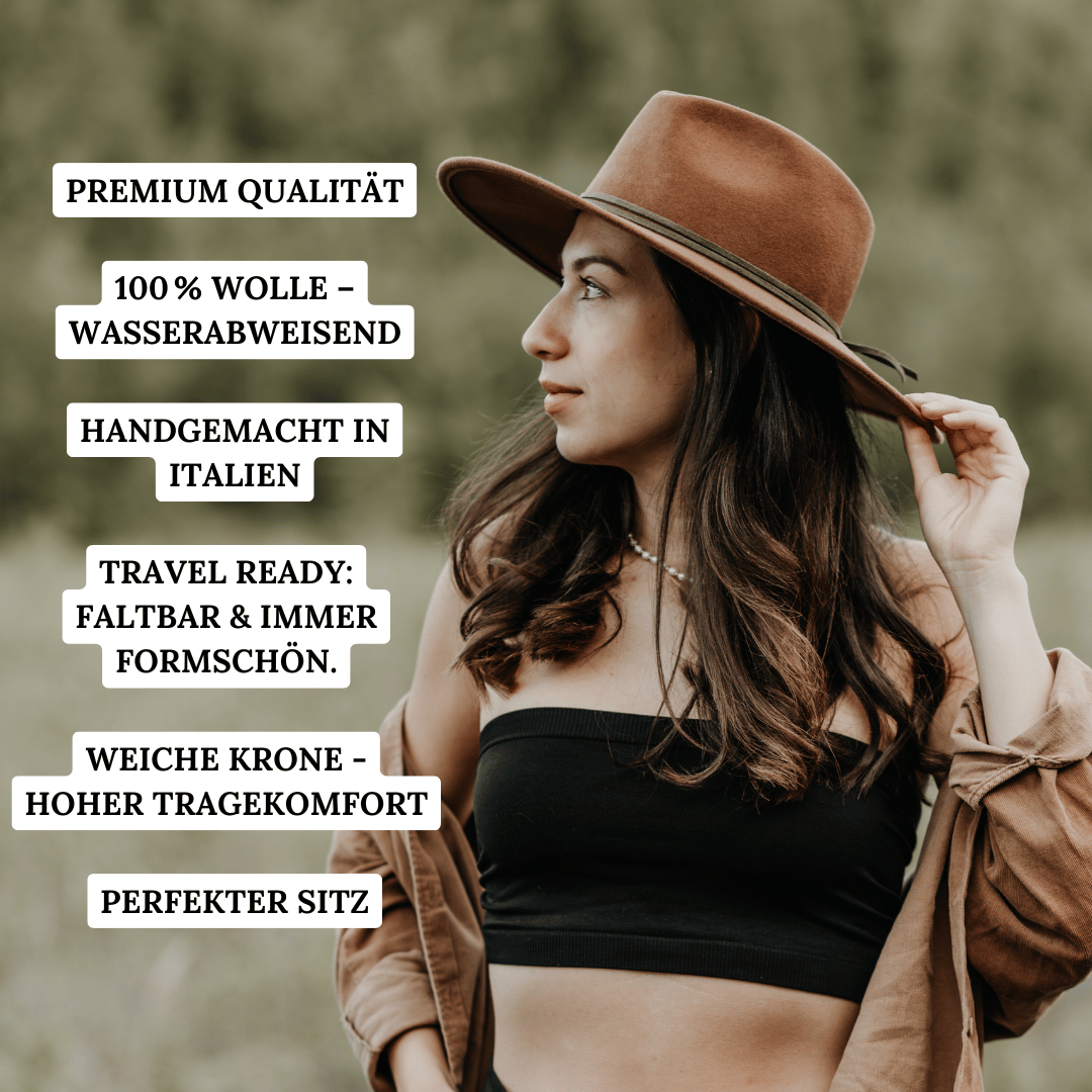 Palenque No.02 | Brauner Fedora - Travel Collection - faltbar & wasserabweisend - breite Krempe_ Hut für Frauen | Nimanita Hats & Accessoires | Hüte für Frauen_ Credit Nora Rahel Photography