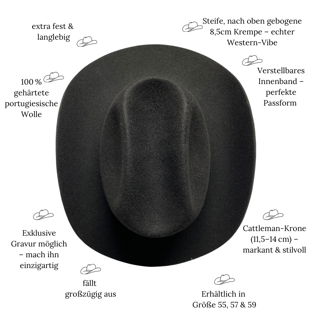 Rodeo - schwarzer Western Hut für Frauen - premium Wollfilz Cattleman Hut für Frauen - Nimanita Hats & Accessoires - Hüte für Frauen_