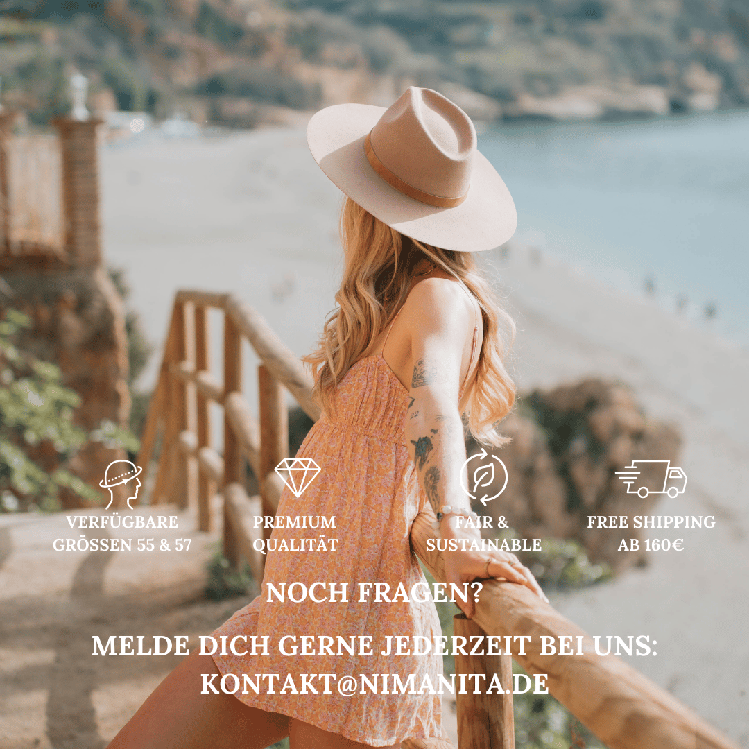 Baja_Beiger_Fedora_mit_breiter_Krempe_fuer_Frauen-minimalistisches_Design-Pure_Collection-Nimanita-Hats_Accessoires-Huete_fuer_Frauen-Hut_von_seite_mit_Model Carla_ Photocredit- Miichel UGC