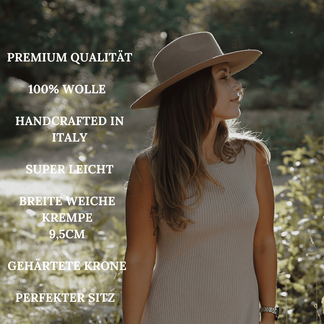 Baja - Beiger Fedora Hut für Frauen mit breiter und steifer Krempe - klassischer Fedora Damenhut aus 100% Wolle - Pure Collection - moderner Fedora Hut für Frauen - Nimanita Hats & Accessoires - Hüte für Frauen - handgefertigt in Italien - Winter Damenhut - Sommer Damenhut 