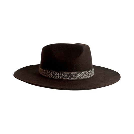 Bonita HutBand - Webband mit Atzteken Mustet in braun und schwarz - Nimanita Hats & Accessoires - Hutband auf braunem Fedora von vorne