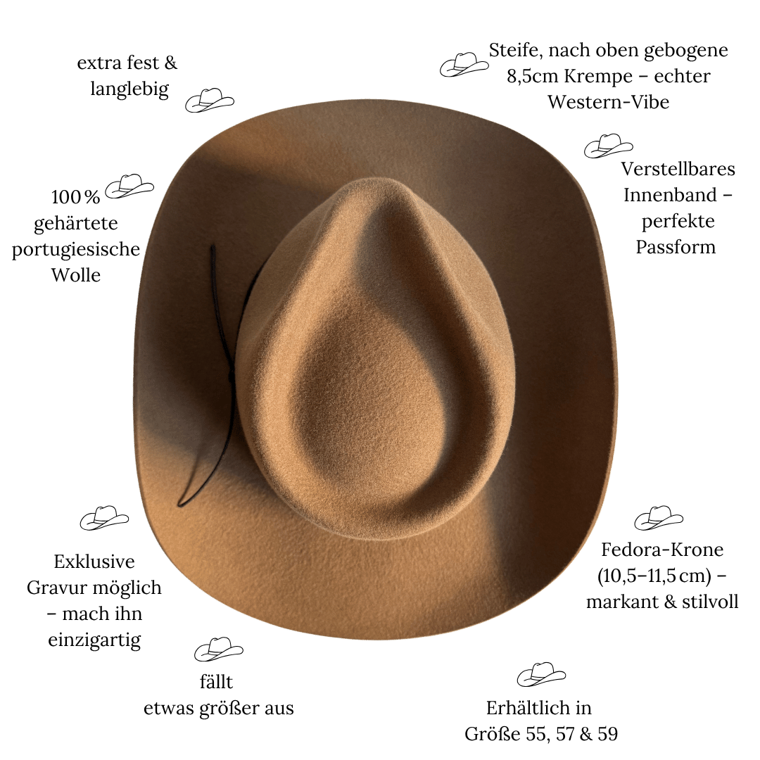 Coahulia - Desert Brown - Western Hut für Frauen mit Fedora Krone aus 100% premium Wollfilz -  Farbe creme - Sommerhut, Winterhut, Westernstil - gehärtete nach obergebogene breite Krempe - Countrystil, Westernstyle für Frauen - handgefertigt in Portugal.