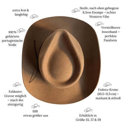 Coahulia - Desert Brown - Western Hut für Frauen mit Fedora Krone aus 100% premium Wollfilz -  Farbe creme - Sommerhut, Winterhut, Westernstil - gehärtete nach obergebogene breite Krempe - Countrystil, Westernstyle für Frauen - handgefertigt in Portugal.