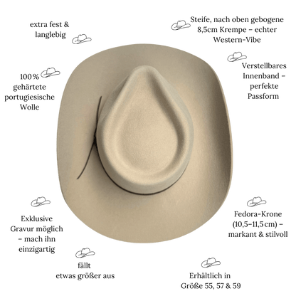 Coahulia - Western Hut für Frauen mit Fedora Krone aus 100% premium Wollfilz -  Farbe creme - Sommerhut, Winterhut, Westernstil - gehärtete nach obergebogene breite Krempe - Countrystil, Westernstyle für Frauen - handgefertigt in Portugal.