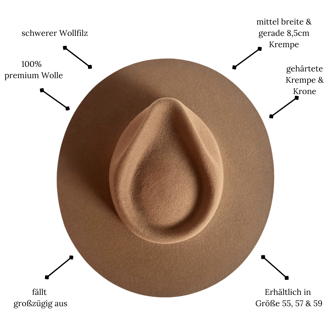 Colima - brauner Fedora Hut für Frauen mit steifer & gerader Krempe - Wollfilz Damenhut in Desert Brown - Nimanita Hats & Accessoires - Hüte für Frauen - Damenhüte für jede Saison - Premium Wollfilz Hüte für Frauen