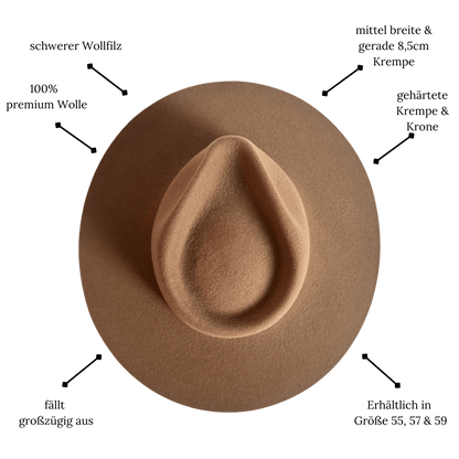 Colima - brauner Fedora Hut für Frauen mit steifer & gerader Krempe - Wollfilz Damenhut in Desert Brown - Nimanita Hats & Accessoires - Hüte für Frauen - Damenhüte für jede Saison - Premium Wollfilz Hüte für Frauen