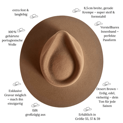 Colima - brauner Fedora Hut für Frauen mit steifer & gerader Krempe - Wollfilz Damenhut in Desert Brown - Nimanita Hats & Accessoires - Hüte für Frauen - - Credit Kleinstadtfotos