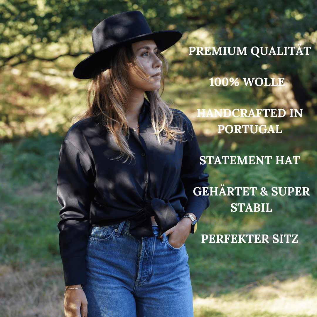 Colima schwarzer Fedora Hut mit breiter steifer Krempe für Frauen - Nimanita Hats & Accessoires - Premium Hüte für Frauen 