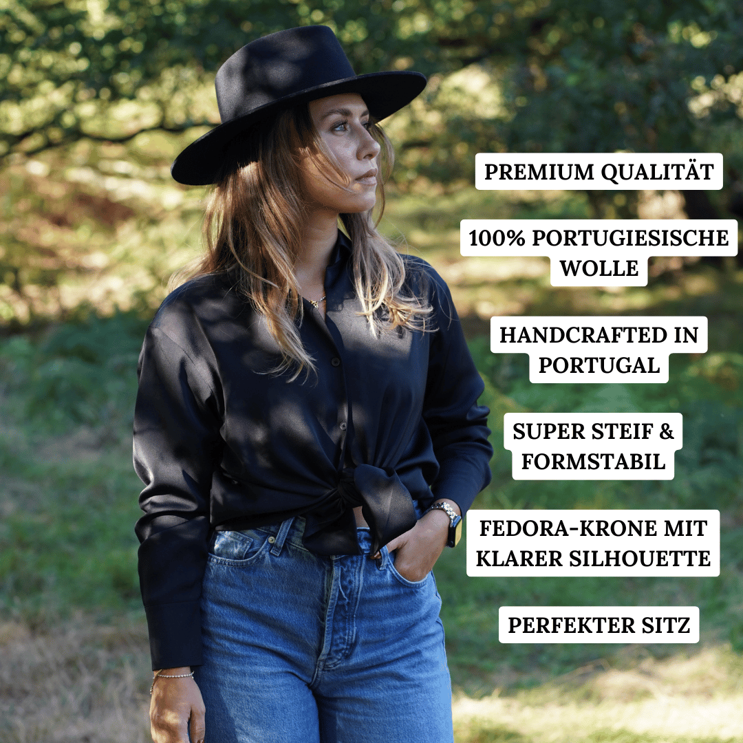 Colima schwarzer Fedora Hut mit breiter steifer Krempe für Frauen - Nimanita Hats & Accessoires - Premium Hüte für Frauen 