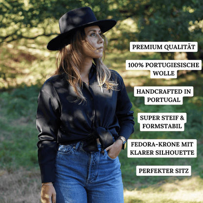 Colima schwarzer Fedora Hut mit breiter steifer Krempe für Frauen - Nimanita Hats & Accessoires - Premium Hüte für Frauen 