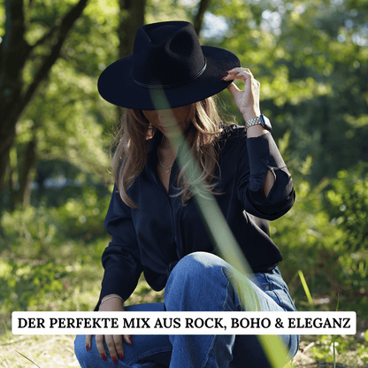 Colima schwarzer Fedora Hut mit breiter steifer Krempe für Frauen - Nimanita Hats & Accessoires - Premium Hüte für Frauen 