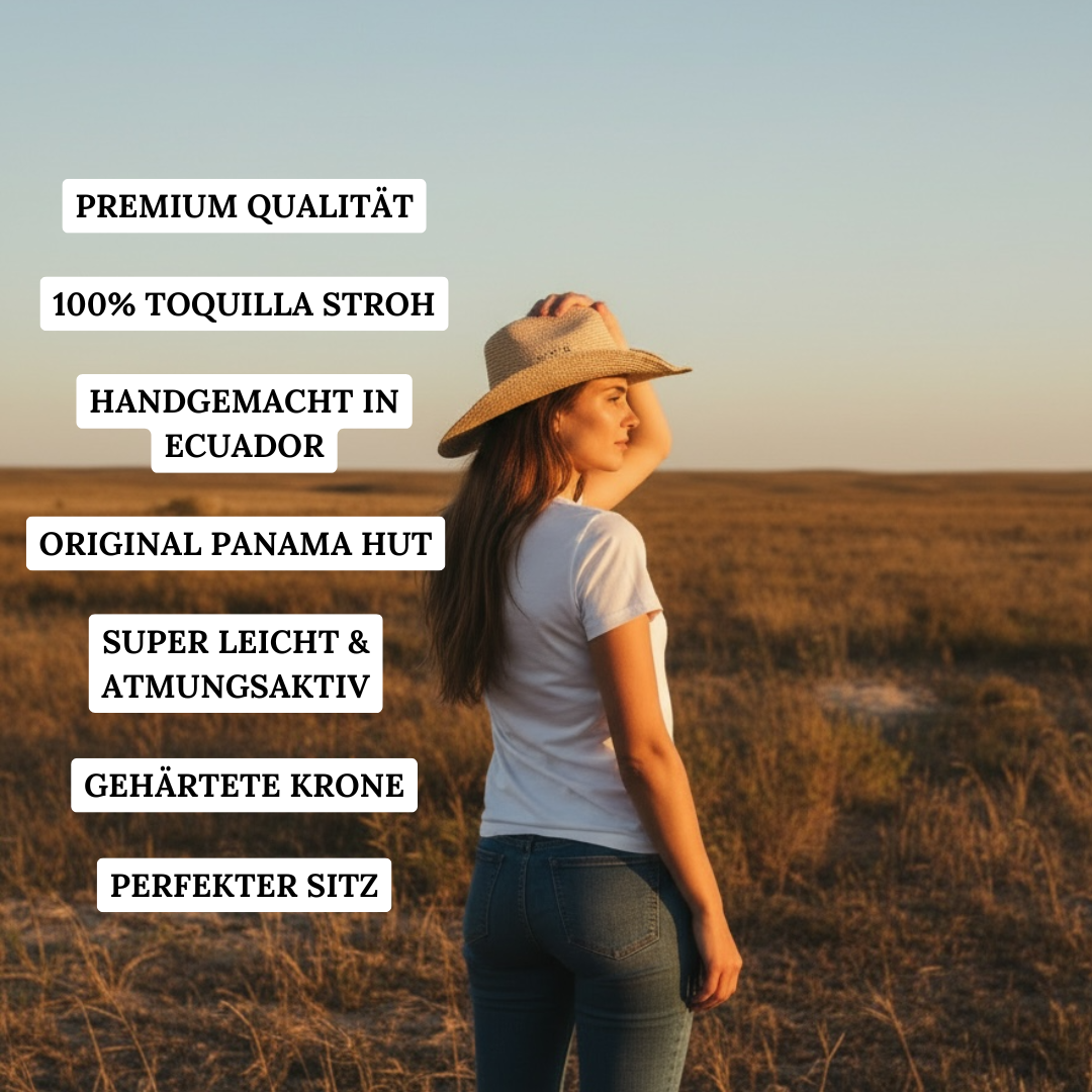 Frau mit leichtem Panama Western Hut Loreto aus Toquilla-Stroh im Western Style, perfekter Sommerhut
