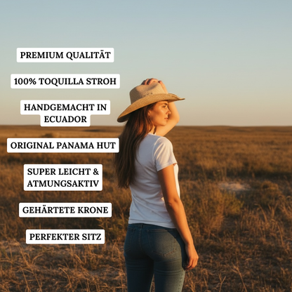 Frau mit leichtem Panama Western Hut Loreto aus Toquilla-Stroh im Western Style, perfekter Sommerhut