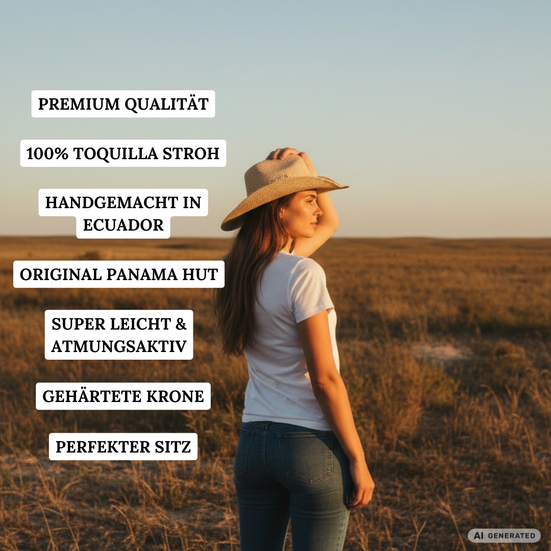 Frau mit leichtem Panama Western Hut Loreto aus Toquilla-Stroh im Western Style, perfekter Sommerhut
