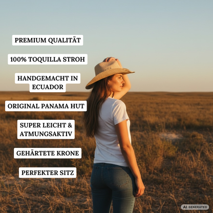 Frau mit leichtem Panama Western Hut Loreto aus Toquilla-Stroh im Western Style, perfekter Sommerhut
