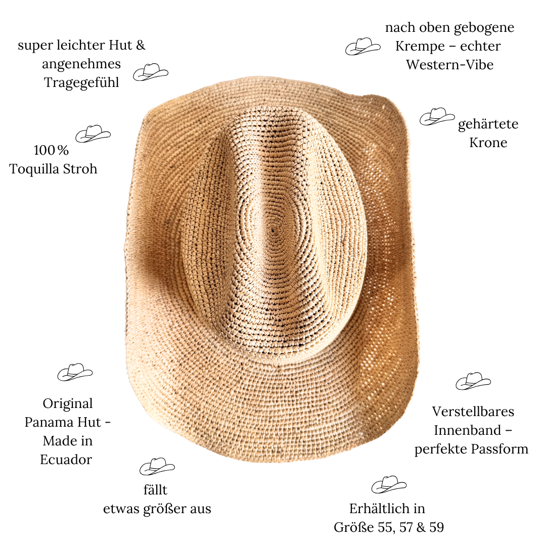 Panama Western Hut Loreto mit Cattleman-Form aus Toquilla-Stroh, handgefertigt in Ecuador