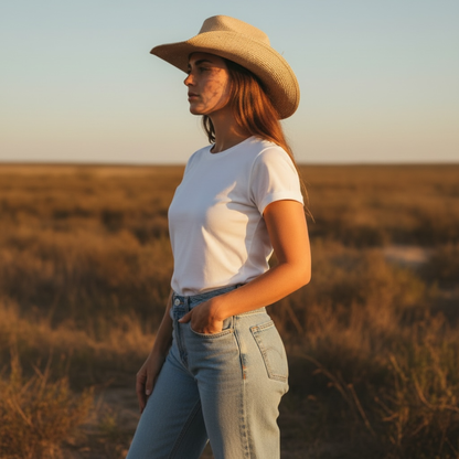 Frau mit leichtem Panama Western Hut Loreto aus Toquilla-Stroh im Western Style, perfekter Sommerhut
