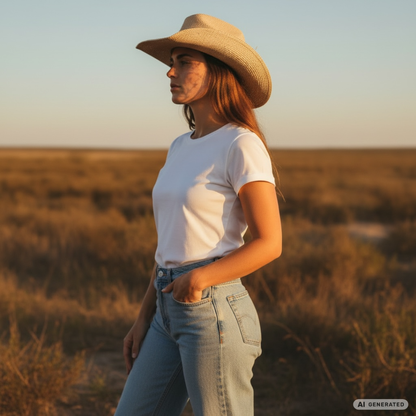 Frau mit leichtem Panama Western Hut Loreto aus Toquilla-Stroh im Western Style, perfekter Sommerhut