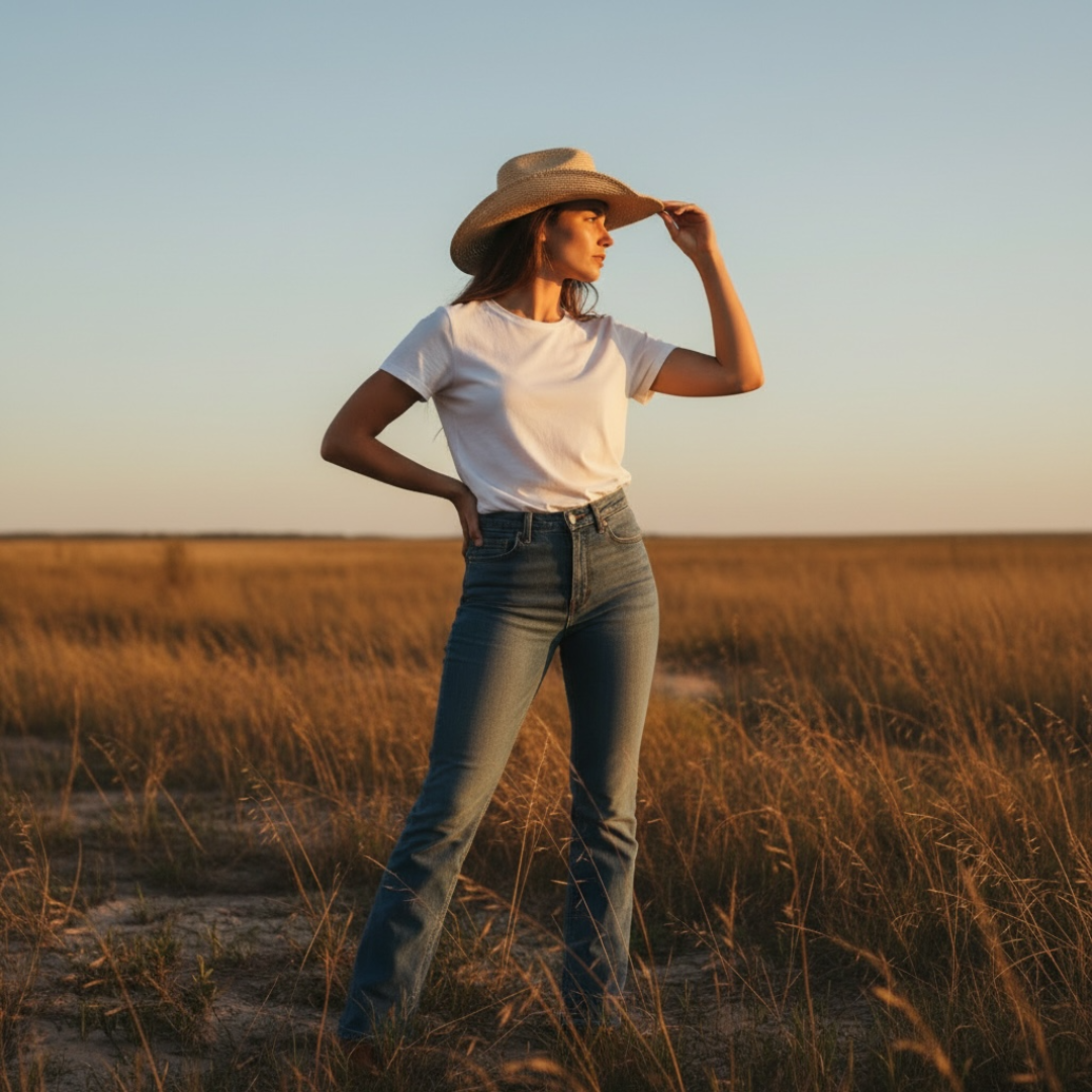 Frau mit leichtem Panama Western Hut Loreto aus Toquilla-Stroh im Western Style, perfekter Sommerhut