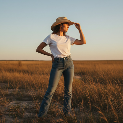 Frau mit leichtem Panama Western Hut Loreto aus Toquilla-Stroh im Western Style, perfekter Sommerhut
