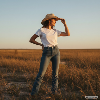 Frau mit leichtem Panama Western Hut Loreto aus Toquilla-Stroh im Western Style, perfekter Sommerhut