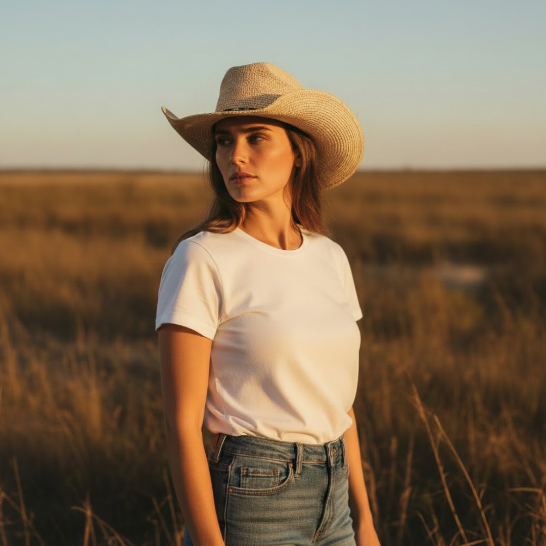 Frau mit leichtem Panama Western Hut Loreto aus Toquilla-Stroh im Western Style, perfekter Sommerhut