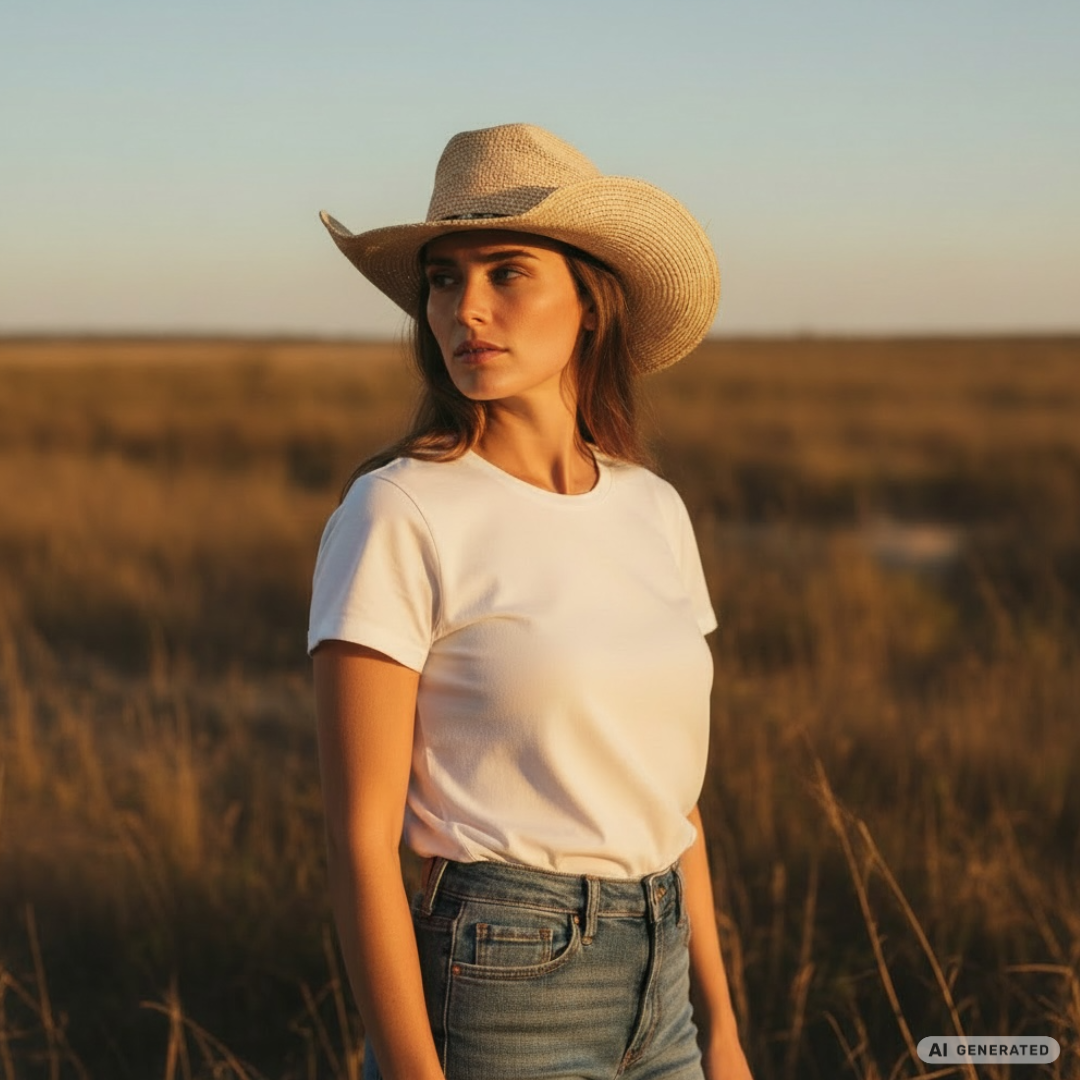 Frau mit leichtem Panama Western Hut Loreto aus Toquilla-Stroh im Western Style, perfekter Sommerhut