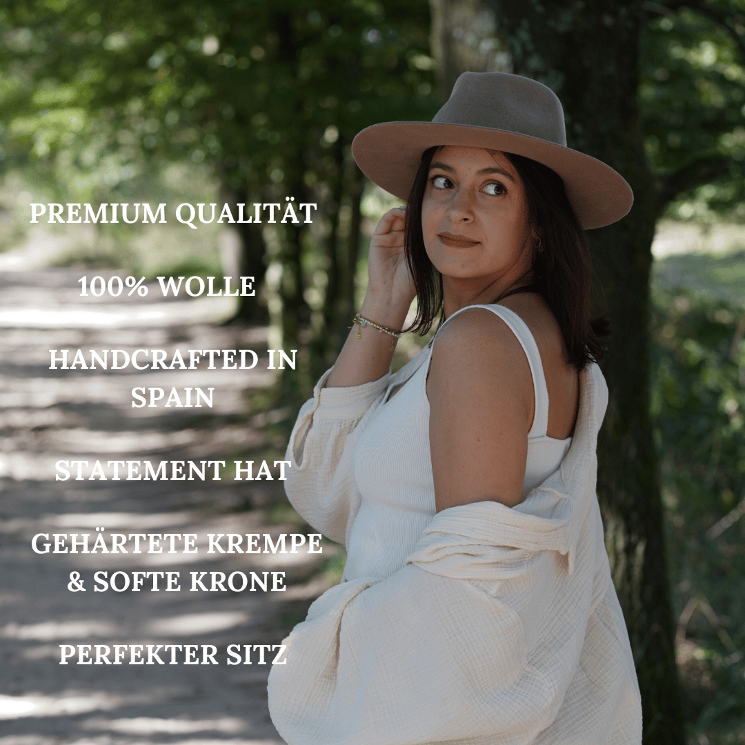 Puebla Fedora Hut für Frauen | Damenhut | Fedora Damenhut aus 100% Wolle | Farbe Nutria | Grauer Fedora Hut für Frauen | bereite Krempe | Handarbeit | modisches Accessoires