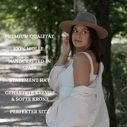 Puebla Fedora Hut für Frauen | Damenhut | Fedora Damenhut aus 100% Wolle | Farbe Nutria | Grauer Fedora Hut für Frauen | bereite Krempe | Handarbeit | modisches Accessoires