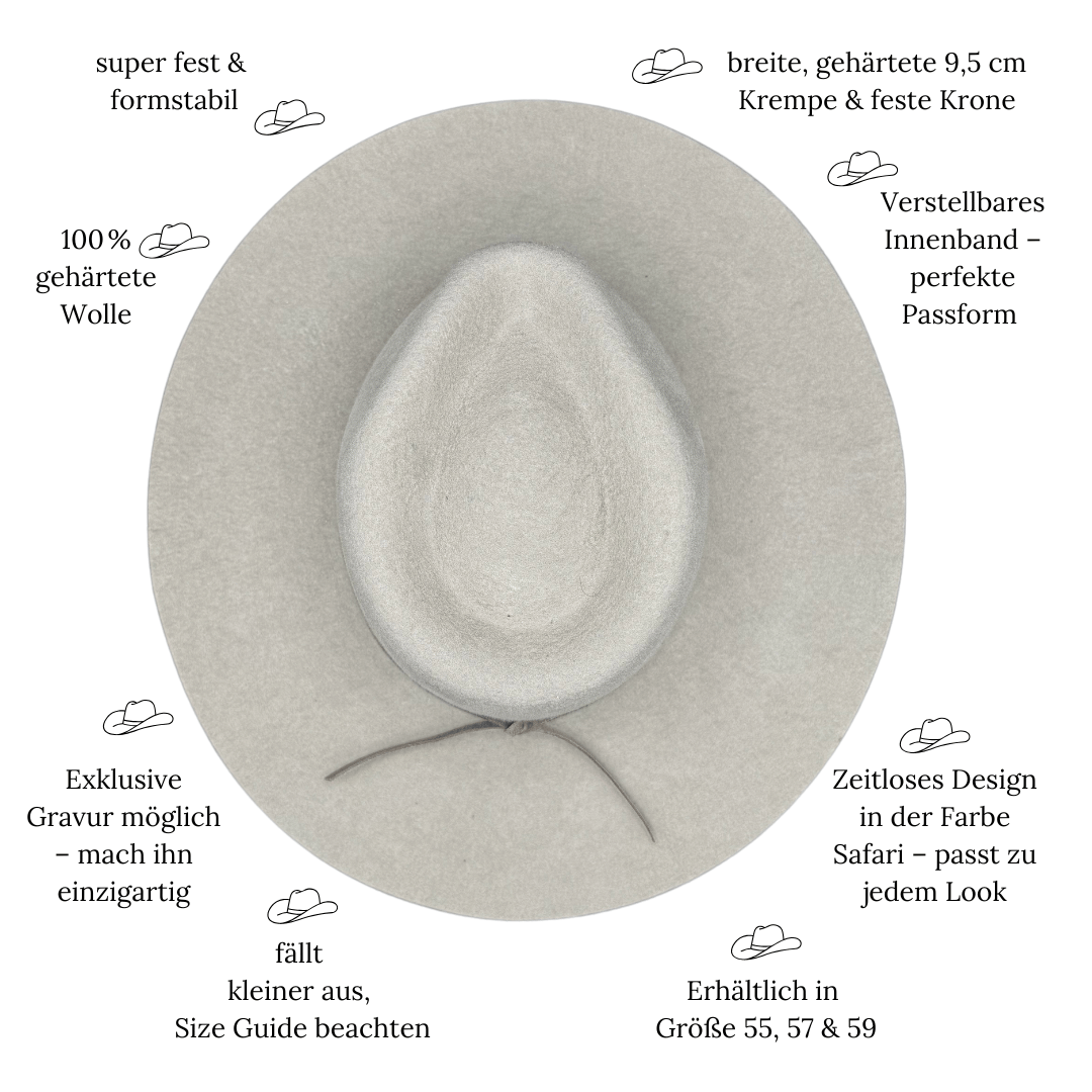 Sinaloa | Fedora Hut für Frauen in der Farbe Safari - Fedora Damenhut mit breiter und steifer Krempe - Nimanita Hats &Accessoires - Hats for strong women - Hüte für Frauen - heller Fedora Hut - 