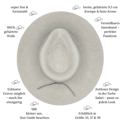 Sinaloa | Fedora Hut für Frauen in der Farbe Safari - Fedora Damenhut mit breiter und steifer Krempe - Nimanita Hats &Accessoires - Hats for strong women - Hüte für Frauen - heller Fedora Hut - 