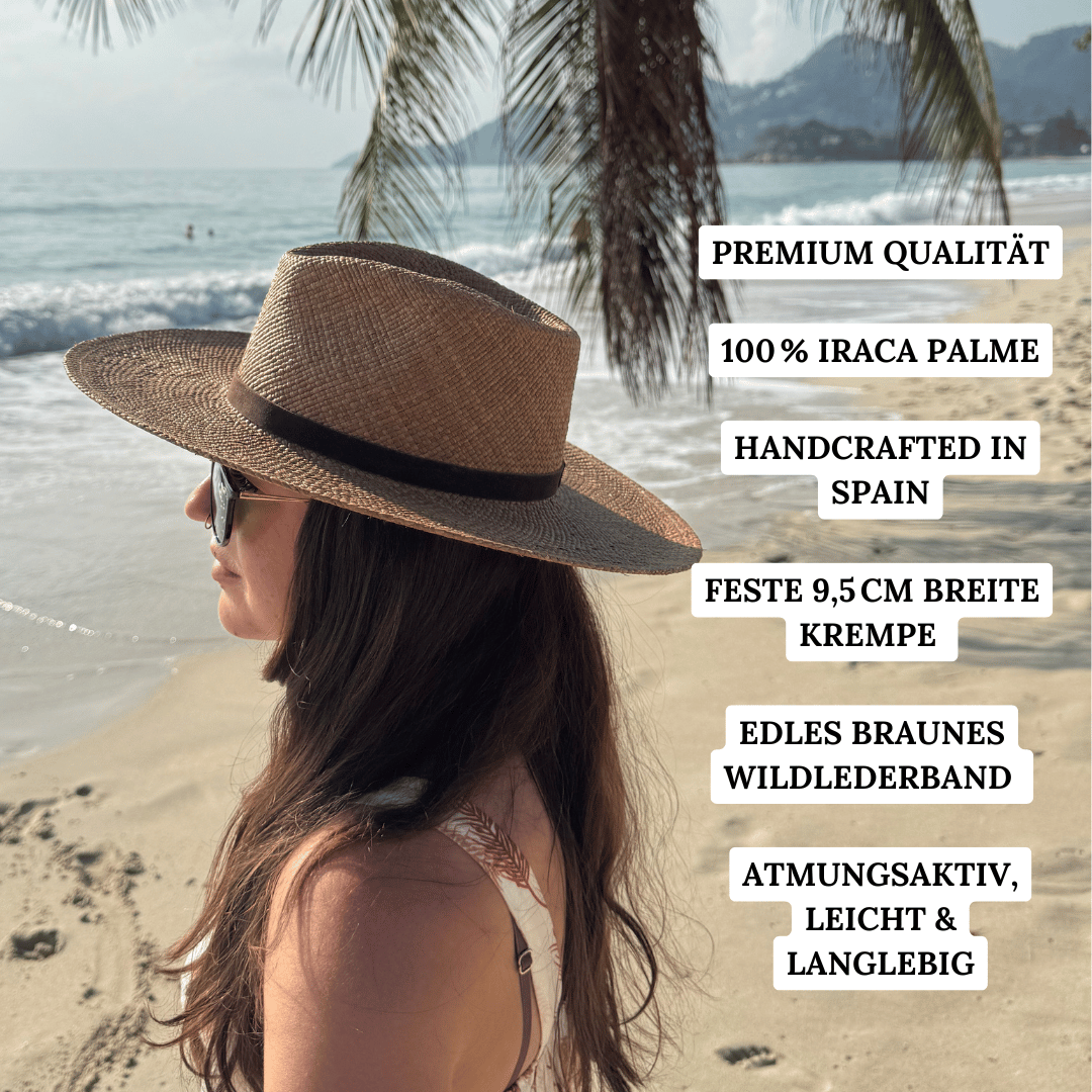 Sonora Habano - Fedora Strohhut in der Farbe Habano für Frauen aus 100% Iraca Palme mit braunem Wildleder Hutband | Damenhut | Strohhut | Sommerhut | Modell Sonora | Nimanita Hats & Accessoires - Hüte für Frauen