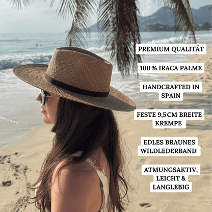 Sonora Habano - Fedora Strohhut in der Farbe Habano für Frauen aus 100% Iraca Palme mit braunem Wildleder Hutband | Damenhut | Strohhut | Sommerhut | Modell Sonora | Nimanita Hats & Accessoires - Hüte für Frauen