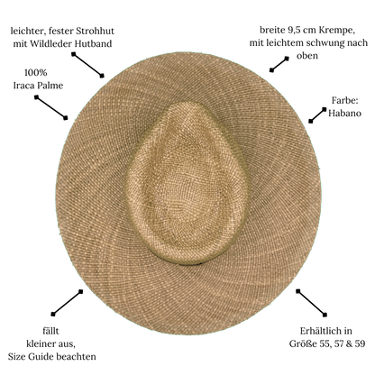 Sonora Habano - Fedora Strohhut in der Farbe Habano für Frauen aus 100% Iraca Palme mit braunem Wildleder Hutband | Damenhut | Strohhut | Sommerhut | Modell Sonora | Nimanita Hats & Accessoires - Hüte für Frauen