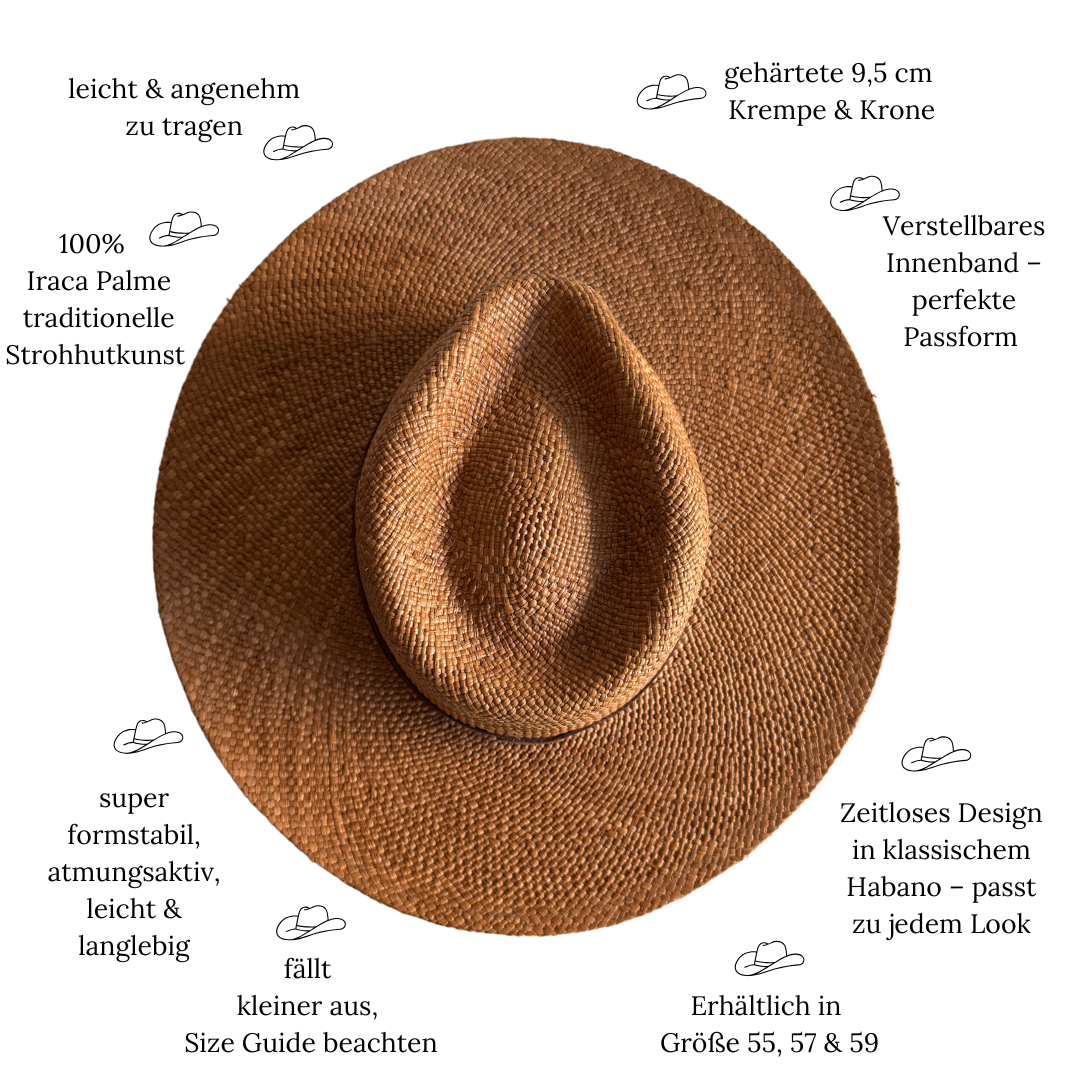 Sonora Habano - Fedora Strohhut in der Farbe Habano für Frauen aus 100% Iraca Palme mit braunem Wildleder Hutband | Damenhut | Strohhut | Sommerhut | Modell Sonora | Nimanita Hats & Accessoires - Hüte für Frauen