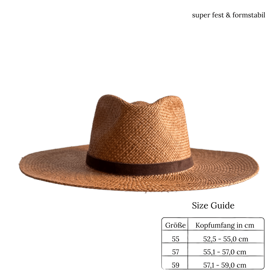 Sonora Habano - Fedora Strohhut in der Farbe Habano für Frauen aus 100% Iraca Palme mit braunem Wildleder Hutband | Damenhut | Strohhut | Sommerhut | Modell Sonora | Nimanita Hats & Accessoires - Hüte für Frauen