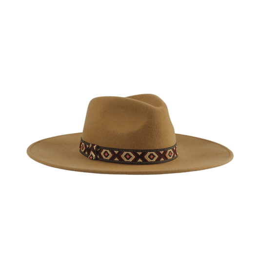 Fedora Hut für Frauen in der Farbe Camel mit Aztek Hutband | Damenhut | Fedora Hut | Travel Hut | Reisehut | Faltbar & Wasserabweisend | aus 100% Wolle